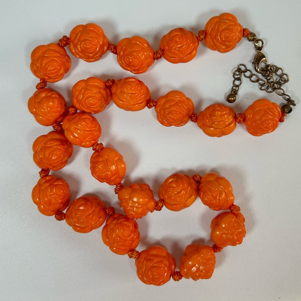Molded Celluloid Rose Flower Beads Hand-Knotted Necklace Adjustable - Picture 3 of 4